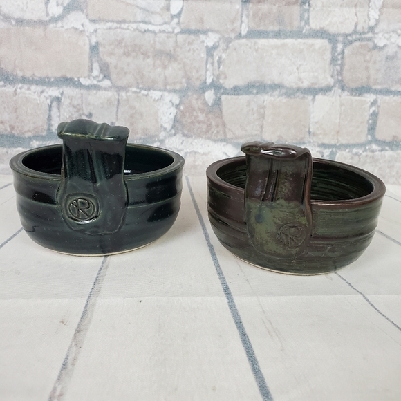 Handcrafted Studio Pottery Handled Soup Bowls Multicolored Glaze Set of 2 - Picture 5 of 16